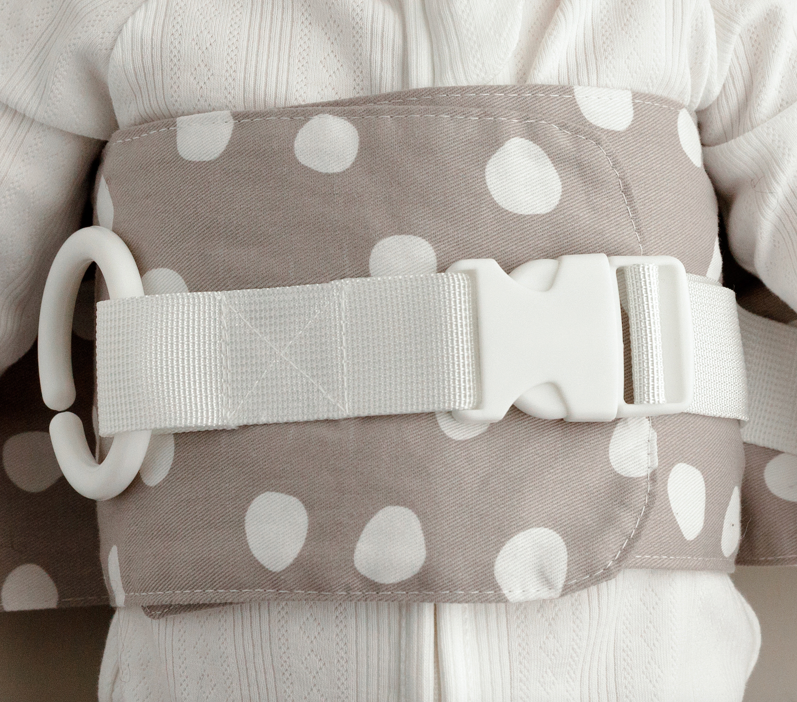 Close-up of the the Spotty Dotty WriggleBum nappy change harness. 