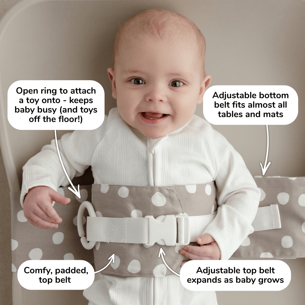 Baby lies on a change mat with an Spotty Dotty WriggleBum nappy change harness wrapped around them. 
Four white bubbles highlight the key features of the harness: 
- Open ring to attach a toy onto - keeps baby busy (and toys off the floor!)
- Adjustable bottom belt fits almost all tables and mats 
- Adjustable top belt expands as baby grows
- Comfy, padded top belt
