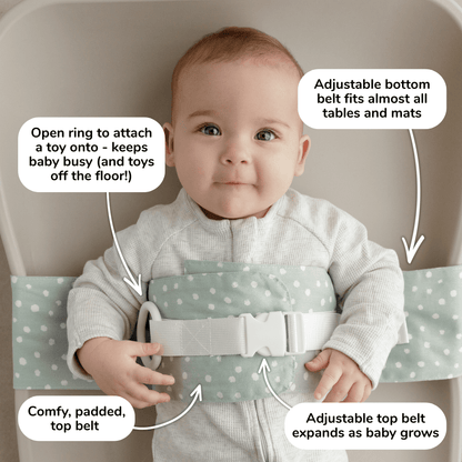 Baby lies on a change mat with an Oatmeal Afternoon WriggleBum nappy change harness wrapped around them. 
Four white bubbles highlight the key features of the harness: 
- Open ring to attach a toy onto - keeps baby busy (and toys off the floor!)
- Adjustable bottom belt fits almost all tables and mats 
- Adjustable top belt expands as baby grows
- Comfy, padded top belt